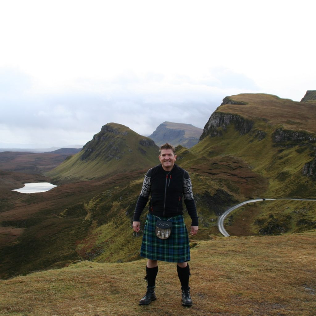 Robin wearing a kilt on the Isle of Skye