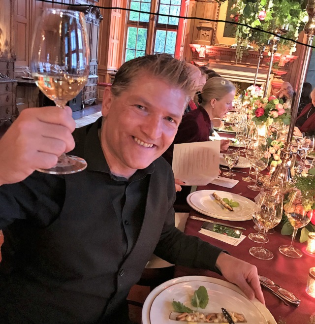 Robin enjoying dinner in the Banqueting Hall at Barnbougle Castl